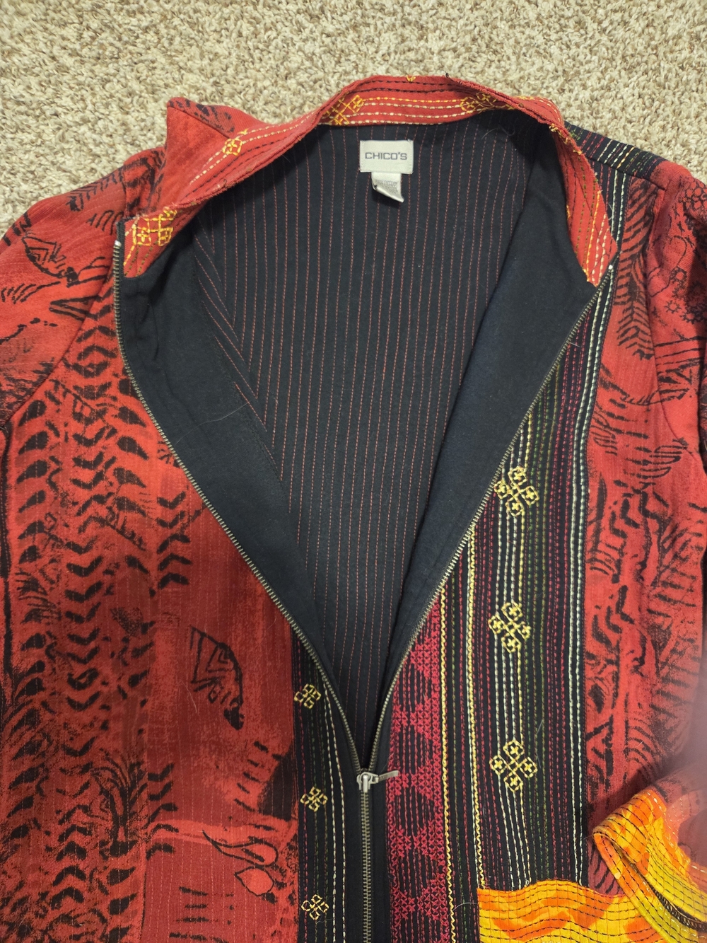 Chico's Red Patchwork Zipper Front Jacket with Gold Accents - Picture 2 of 6